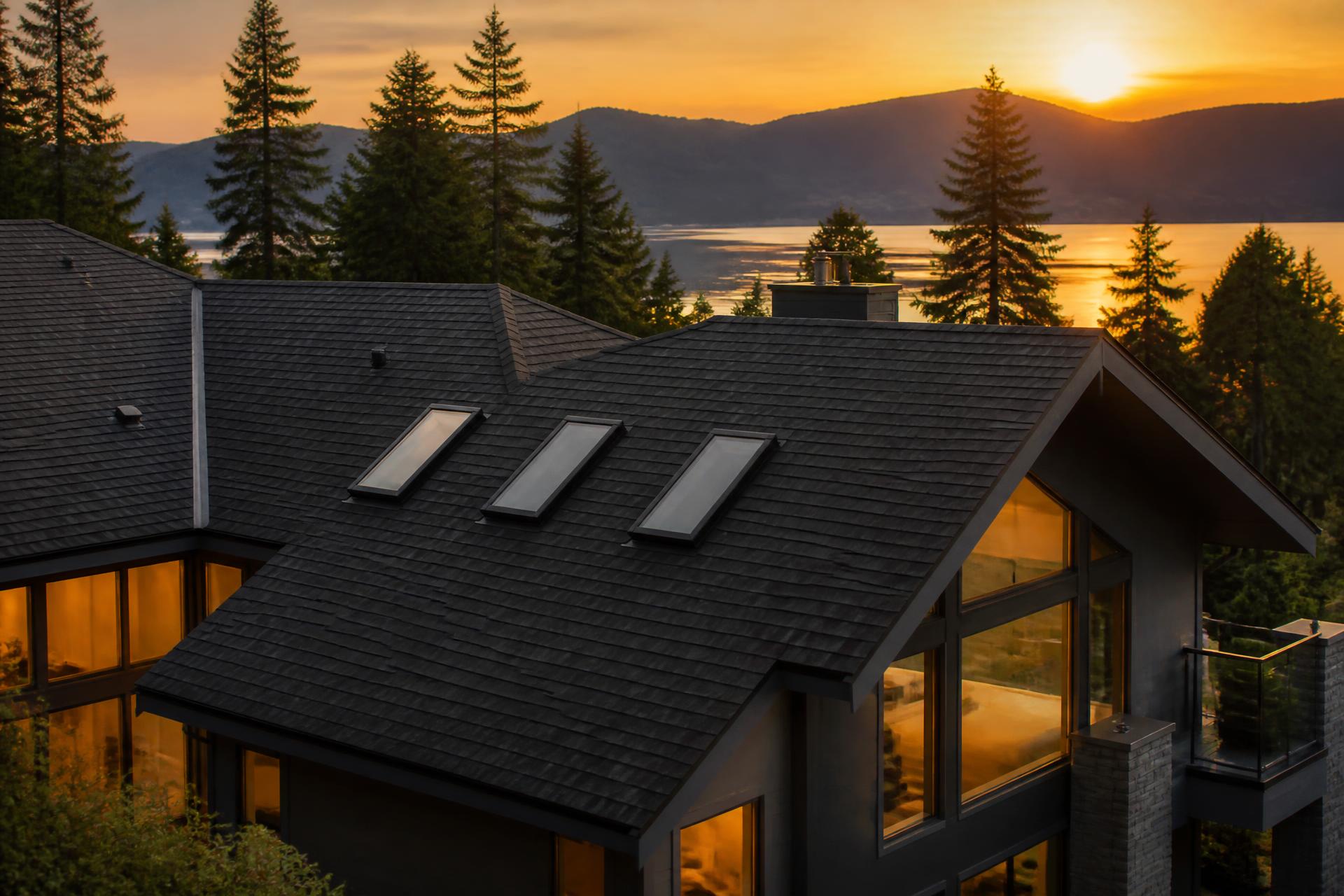 Newly installed dark shingle roof with skylights on a Lower Mainland home at sunset